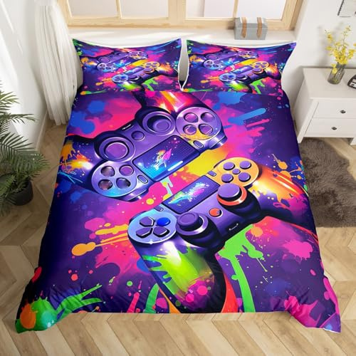 Homewish Gaming King Size Duvet Cover Sets Colorful Purple, Reversible Gamepad Kids Bedding Sets for Boys Girls Teens, Graffiti Style Quilt Cover, Abstract Gamer Bed Set With 2 Pillowcases