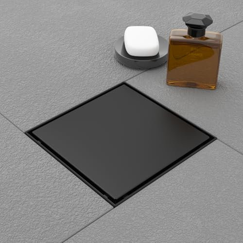 EBEBYTE 6 Inch Black Square Shower Drain, SUS 304 Stainless Steel Shower Floor Drain, Matte Black Linear Drain with 2-in-1 Tile Insert Removable Cover with Adjustable Feet