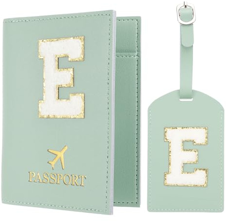 PATIKIL Pochette Passeport avec Étiquettes à Bagage, Modèle Lettre E Protège Passeport en Cuir PU pour Protection Identificateur Accessoires de Voyage Cartes D'embarquement, Bleu-Vert