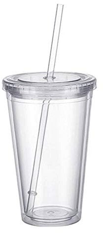 Clear Insulated Plastic Coffee Cup with Lid and Straw Double Wall Tumbler Reusable Travel Mug for Hot Cold Drinks Leakproof Spill Proof Lightweight Beverage Container