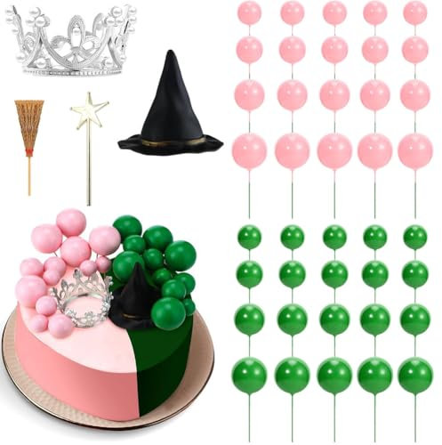 44 PCS Magic Witch Cake Toppers,Witched Theme Party Cake Toppers,Pink Green Witch Cake Decoration,Magic Witch Crown Hat Broom Star Wand Cake Topper Decorations for Birthday Party Supplies