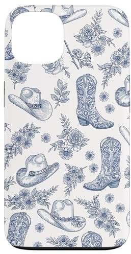 Western Blue Cowboy Boots Hats & Floral Pattern Cowgirl Case for iPhone 13