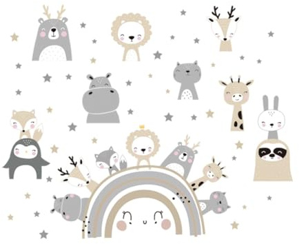 Kibi Wandaufkleber für Kinder, Regenbogen und Waldtiere, Grau und Beige, Dekoration für Kinderzimmer, Wandsticker