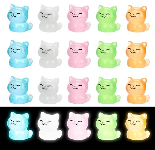 20 Stück Leuchtende Miniaturkatze, 5 Farben Mini-Katze aus Kunstharz Winzige Miniatur-Katzenstatuen Im Dunkeln Leuchtende Tierfiguren für Garten Puppenhaus- und Partydekorationen