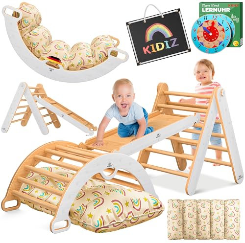 Kidiz® Klettergerüst Montessori 7in1 Spiel-Set mit Kletterbogen Rutsche Kletterdreieck aus Holz inklusive Kissen, Tafel & Lern-Uhr | Indoor Spielplatz für Kleinkinder ab 1 Jahr & Kinder bis 3 Jahre