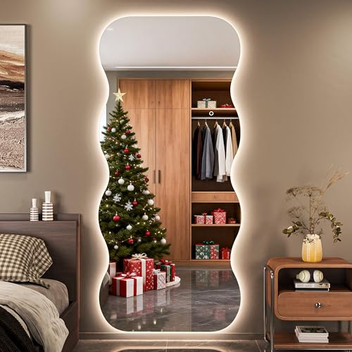 Hasipu Ganzkörperspiegel mit Lichtern 180 x 80cm, Wellförmiger LED Wandspiegel mit Touch-Schalter, 3 Lichtfarben Dimmbar für Schlafzimmer, Garderobe