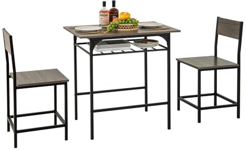 GIANTEX Juego de Comedor 3 Piezas, Mesa de Comedor con Estante para Botellas y 2 Sillas con Respaldo, Diseño Compacto, Estilo Industrial, Mesa de Desayuno para 2 Personas (Gris)