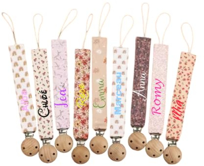 attache tétine personnalisé prénom fille garçon- en coton bio-attache en bois- motif fleurs-