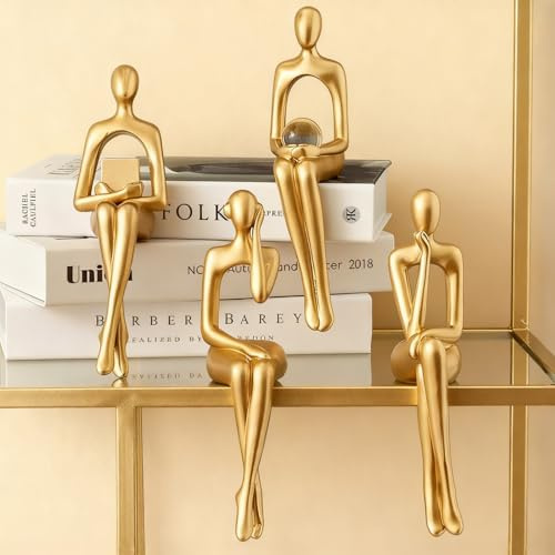 Buithafu Denker-Skulpturen, 4er-Set, Schwarz und Gold | Abstrakte sitzende Figuren als Dekoration für Couchtisch, TV-Schrank und Bücherregal