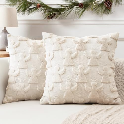 Artscope 2er Set Wolle Kissenbezüge Weicher Plüsch Kurzer Wollsamt Dekokissenbezuge Sofakissen Weihnachten Kissenhülle für Sofa Schlafzimmer Engel Creme Beige, 50x50cm