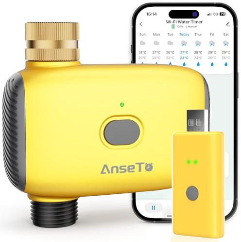 AnseTo Programador Riego WiFi con Concentrador Temporizador Entrada Latón | Control Remoto Inteligente con Función Retardo por Lluvia Riego Automático Apto para Jardines Invernaderos y Céspedes Jardín