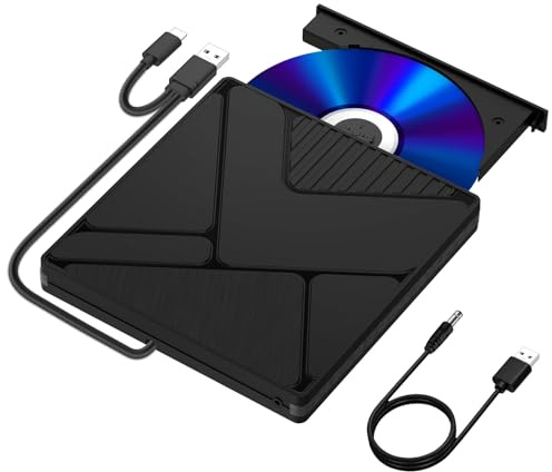 External CD DVD Drive for Laptop, USB 3.0 Type-C Disk Drive Reader Burner | Portable DVD/CD ROM Rewriter Low Noise Slim Optical External Drive for Desktop PC Mac OS Windows 11/10/8/7/XP/Vista/Linux