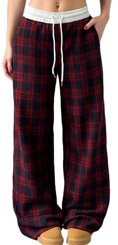 Panegy Bas de pyjama pour femme - Pantalon décontracté à taille élastique haute et large - Pyjama à carreaux - Pantalon de nuit, Rouge, L