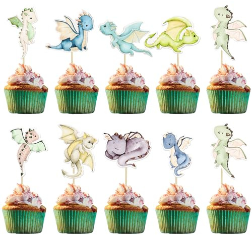 CharmeFleur 36 Stück Drachen Fest Cupcake Deko Drachen Geburtstag Party Dekoration Fantasie Drachen Kuchenverzierung für Fliegender Drachen Baby Shower