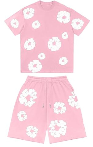 Ensemble 2 Pièces Homme T-Shirt et Short d'Été, Imprimé Fleuri Y2K Hip Hop Streetwear, Jogging Décontracté avec Poches pour Sport et Loisir