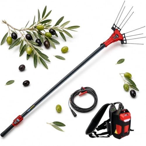 lilishangmao Raccoglitore Olive Elettrico, Macchina Raccolta Frutta con Asta Estensibile Leggera, 6 Livelli Vibrazione, Display LED E Cavo 10m per Piccoli Poderi E Frutteti 600W-withBattery