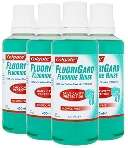 Colgate Fluorigard Fluoride Rinse Alcohol Free Mouthwash 400 ml, Daily Cavity Protection, Mint Flavour, Pack of 4