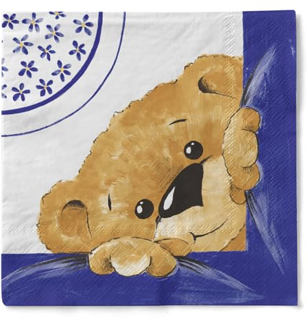 Sovie HOME Serviette TEDDY aus 3-lagigem Tissue, 33 x 33cm, 1/4 Falz, 20 Stück, Design zauberhaftes Teddy-Design in Royalblau, Ideal für Baby-Shower Taufe Geburtstag