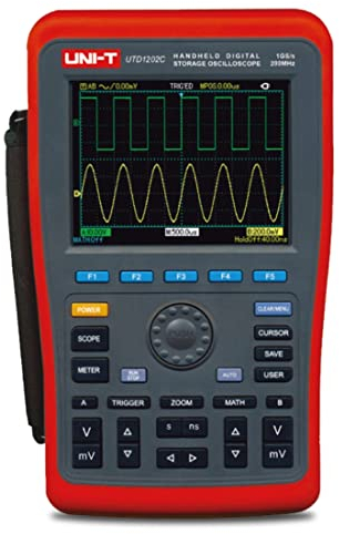 UNI-T UTD1202C Handheld Digitales Speicheroszilloskop mit 2 Kanäle, 200MHz, 1 Gsa/s, 2 in 1: Multimeter & Oszilloskop, Messung für Spannung Strom Widerstand, 5 Display Zähler, 5,7 Zoll TFL LCD Display