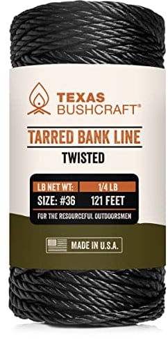 Texas Bushcraft Tarred Bank Line Twine - #36 Black Nylon String for Fishing, Camping and Outdoor Survival – Strong, Weather Resistant Bankline Cordage for Trotline (1/4 lb, Twisted)
