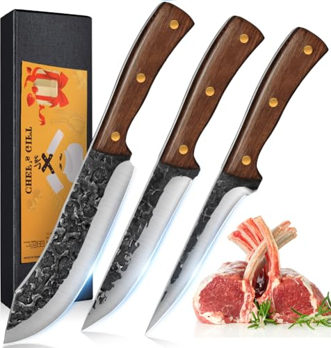 Home Safety Set de Couteaux 3 pièces, Couteau Cuisine 17 cm, Couteau Boucher 18 cm, Couteau à Désosser Filet 14 cm,Couteau de Chef Professionnel avec Manche en Bois pour Barbecue Camping Cadeau