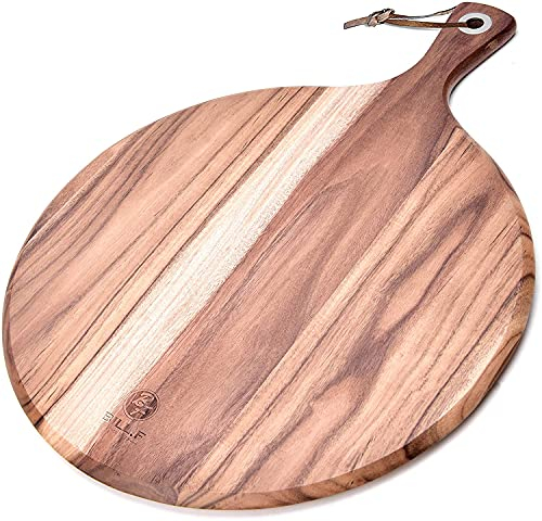 Acacia Wood Pizza Peel / Schneidebrett / Serviertablett, Pizza Paddle Spatel Runder Transferbehälter Backschaufel Kuchenheber zum Bewegen von Pizza, Kekstorte, Kuchen, Brot, 48X36,5X1,2 cm