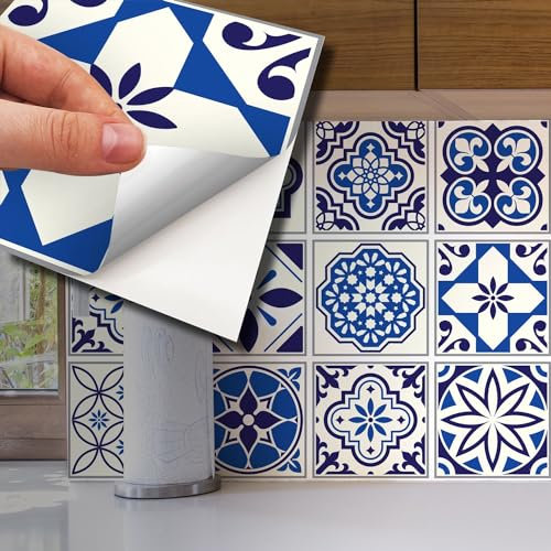 WALPLUS 72 Stück 15x15cm Spanisch & Marokkanisch Blau Weiß Wandfliesen Aufkleber Schälen und Kleben Backsplash Abziehbilder Startseite Dekore Aufkantung für Küche Badezimmer Kacheln Farbe auf Wand