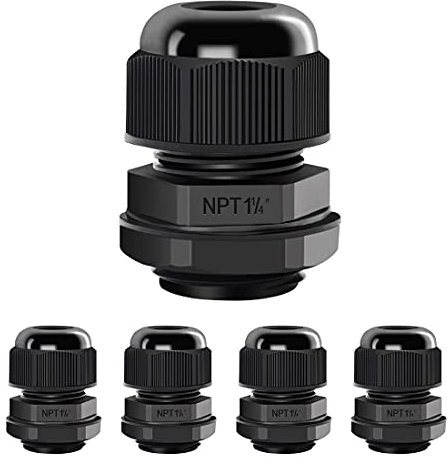 LeMotech 5 Pack NPT 1-1/4 Cable Glands Waterproof Adjustable 24-32mm Cable Connectors Black Nylon Joints with Gaskets