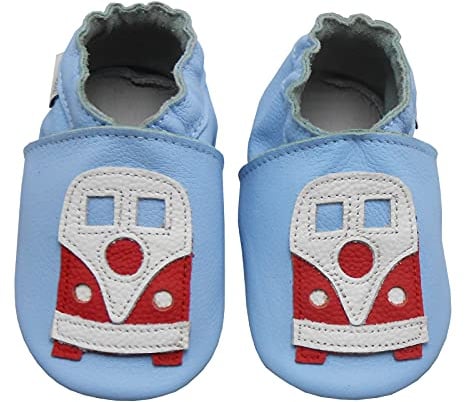 Bemesu Krabbelschuhe Baby Lauflernschuhe Weicher Leder Babyschuhe Lederpuschen mit Wildledersohlen Kleinkind Babyhausschuhe für Mädchen Jungen Hellblau Auto (XL, 18-24 M, EU 23/24)