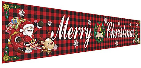 Gukasxi Grande striscione natalizio con scritta Merry Christmas, 20 x 50 cm, con motivo a quadri di bufalo rosso, con pupazzo di neve, albero di Natale, per feste di Natale, decorazione per interni
