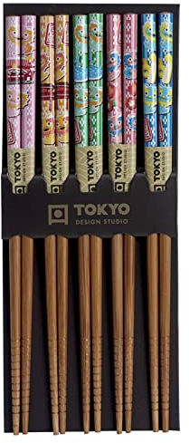 TOKYO Design Essstäbchen Edelholz 5er Set Bunte Drachen, Japanisches Design Sushi Stäbchen, Chinesisch, Japanisch, Koreanisch, Wiederverwendbare Holz Essstäbchen