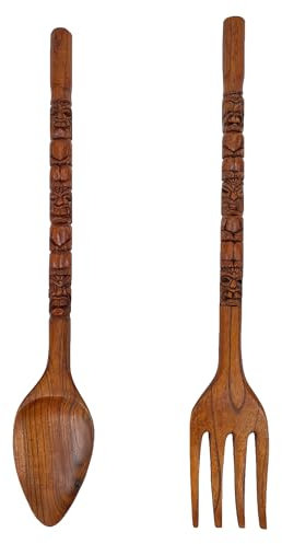 Hand-Carved Brown Wood Tiki Design Spoon & Fork Wall Sculpture Set Tropical Decor Utensil Decoration - 30 Inches Long - Adds Exotic Charm to Your Home