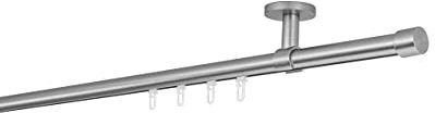 ondeco Gardinenstange auf Maß Innenlauf 20mm Cap 1-lauf Vorhangstange Deckenträger 4cm Stilgarnitur mit Gleiter für Vorhänge Edelstahl-Optik 310cm