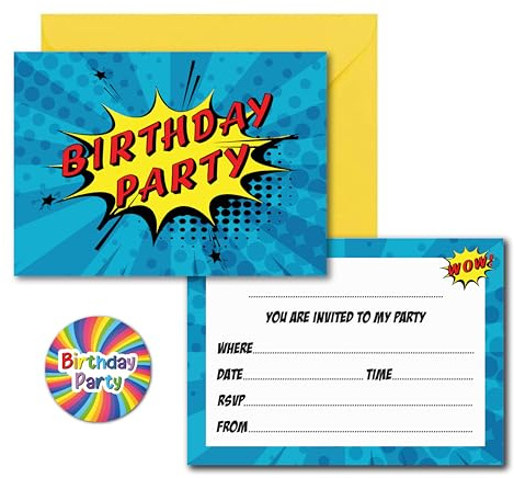 Pack of 12 x Comic Superhero Style Birthday Party Invitations with Yellow Envelopes & Rainbow Stickers