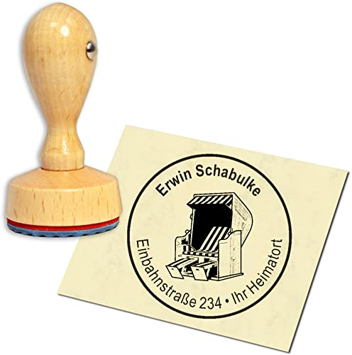 Stempel Adressstempel Holzstempel - Strandkorb - rund ∅ 40mm personalisiert als Firmenstempel Namensstempel Bürostempel
