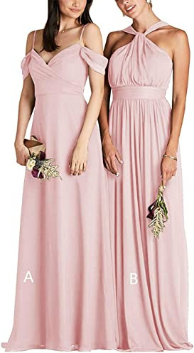 KURFACE Abiti da damigella d'onore da sposa per le donne Juniors scollo all'americana fuori dalla spalla abiti lunghi da damigella d'onore, Rosa cipria-b, 42