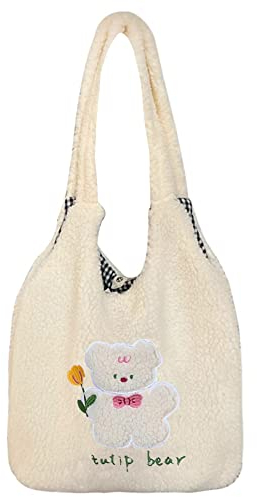 MEGAUK Damen Plüsch Umhängetasche Große Kapazität Cartoon Bär Stickerei Shopper Schultertasche Tote Bag für Uni Arbeit Mädchen Schule