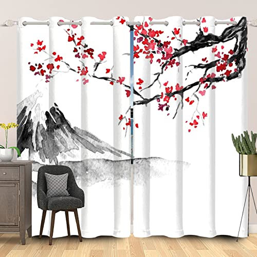 SDOTPMT 140x229cm Japonais Peinture à l'encre Rideau de fenêtre Rouge Cerise Fleur Montagne Rideaux de fenêtre Traditionnel Rideaux Opaques pour Salon Chambre Rideaux occultants, 2 Panneaux