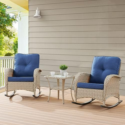 Belord Outdoor Schaukelstühle 2er Set, Wicker Rocker Schaukelstühle für Veranda, 3 Stück Terrassenmöbel Sets Schaukelbistro Set mit Kissen und Beistelltisch