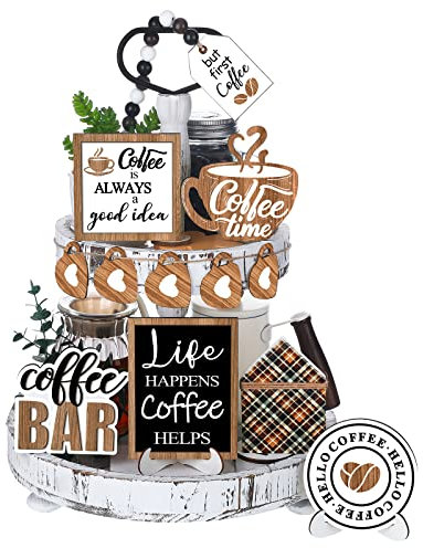 FairySandy Juego de 12 piezas de decoración de bandeja escalonada de café, letreros de madera, guirnalda de cuentas de madera para estante de bandeja de bar