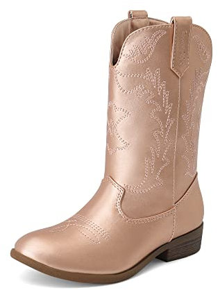 DREAM PAIRS Kids Cowgirl Cowboy Western Boots Girls Mid Calf Riding Shoes Little Kid/Big Kid,Size 5 Big Kid,Rose Gold,SDBO214K
