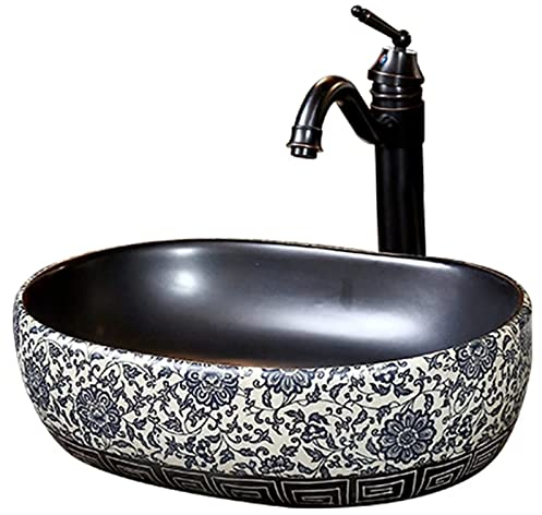 Retro Waschbecken,aufsatzwaschbecken Naturstein,handwaschbecken Klein Gaste Wc Runde Keramik Im Europäischen Stil,waschschale Waschbecken Mit Und Wasserhahn 48 * 35 * 15cm, Suit