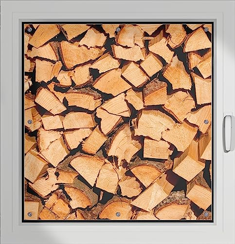 Wallario Lichtschutzbild, Dekorativer Sichtschutz Sonnenschutz 96 x 100 cm mit Motiv: Holzstapel gehackt - Holzscheite für den Kamin - Verdunklungsrollo ohne Bohren