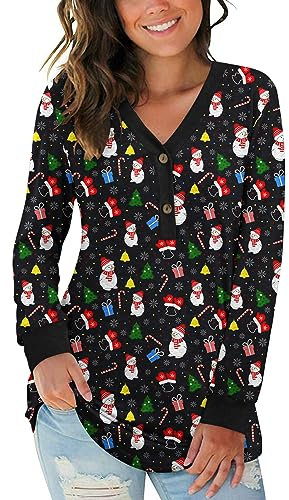 AUSELILY Women's Long Sleeve Tops V-Neck Jumpers Causal Button Down Sweatshirts Loose Henley T Shirt Blouse(Christmas elements,XL)