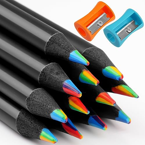 Deepton 12 Stück Regenbogenstift, Buntstifte 7 in 1, Farbstifte mit 2 Spitzer, Buntstifte Kinder, Dicke Buntstifte für Erwachsene, Regenbogen Stifte für Zeichnung, Skizzieren, Färbung, Schule