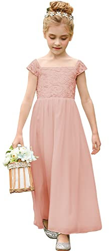 PLWEDDING Robe de demoiselle d'honneur en mousseline de soie pour première communion, anniversaire, mariage, fête, Rose, 8-9 ans