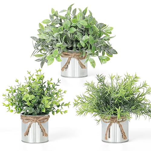 SOMYTING 3 Plantas Artificiales Artificiales de Metal en Maceta, Plantas Decorativas Verdes en macetas Blancas, Plantas Decorativas pequeñas Plantas Artificiales eucalipto para el hogar Dormitorio