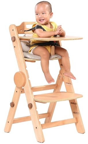 AIMOADO Toddler High Chair Wooden, Baby Highchair with Adjustable Tray and Foot Rest, Folding Wood High Chair for Dining, 6 Months up to 300 Lb (Natural)