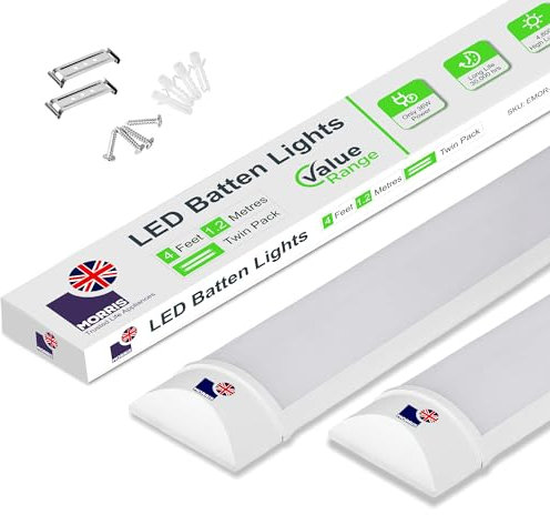 Morris Eco LED 4ft Office Ceiling Strip Light - Batten Light Twin Pack - Ideal for Offices, Garage & Workshop,120cm, 6500K, IP20 4800 Lumens
