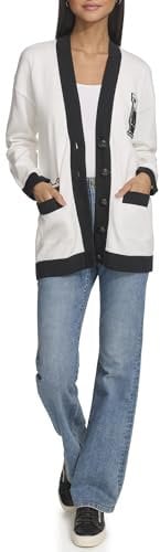 KARL LAGERFELD Damen Varsity Logo with Patches Marled Cardigan, Weiches Weiß/Schwarz, Klein